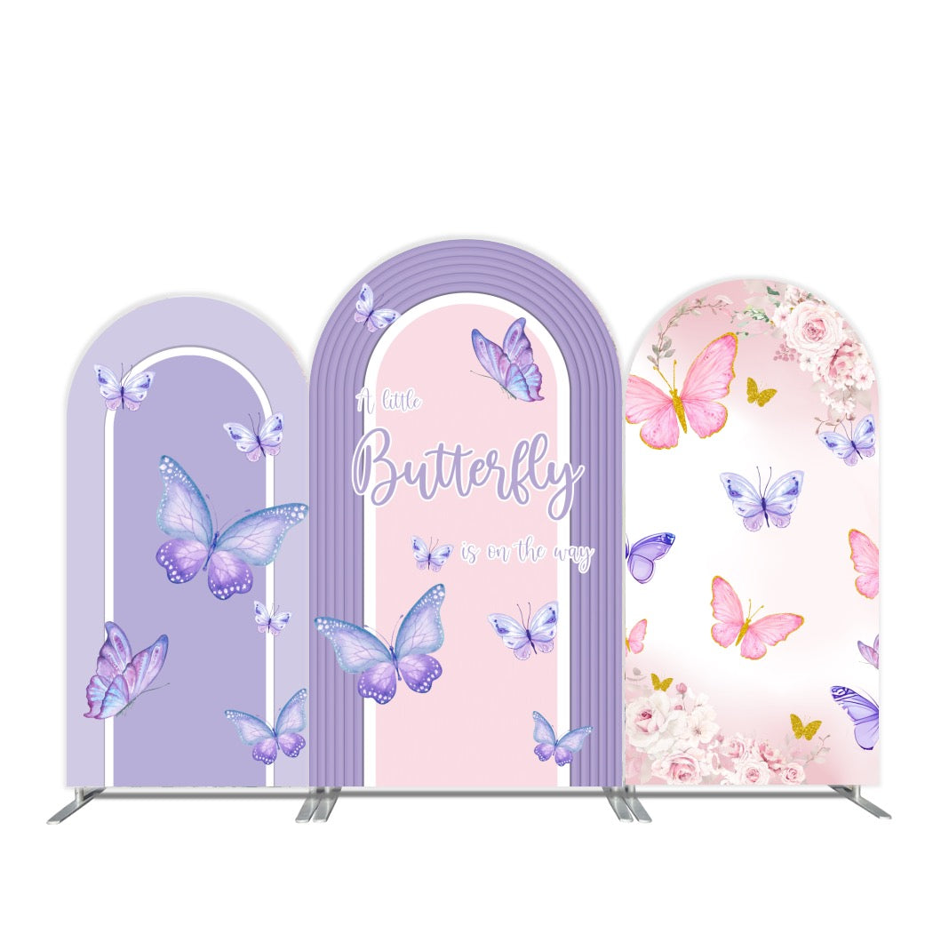 Butterfly Baby Shower Arch Backdrop Cover with Stand | Pink & Purple “A Little Butterfly Is On The Way” Party Background