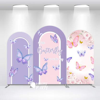 Butterfly Baby Shower Arch Backdrop Cover with Stand | Pink & Purple “A Little Butterfly Is On The Way” Party Background