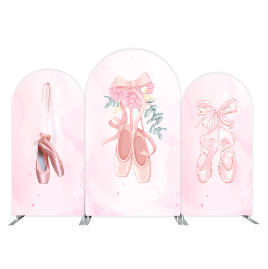 Arco de lazo rosa y zapatillas de ballet con soporte | Fondo para fotomatón de fiesta de cumpleaños con temática de ballet