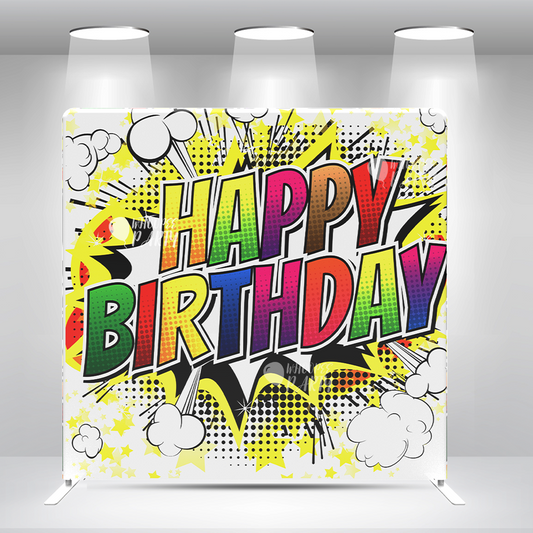 Comic Style Happy Birthday Backdrop – Colorful Pop Art Birthday Party Photo Booth Decoration  Decoration Background Pillowcase Bracket and Cover