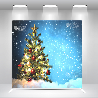 Snowy Christmas Tree Backdrop – Blue Winter Night with Glowing Lights Pillow Case Photo Booth Backdrop Wall Cover With Stand