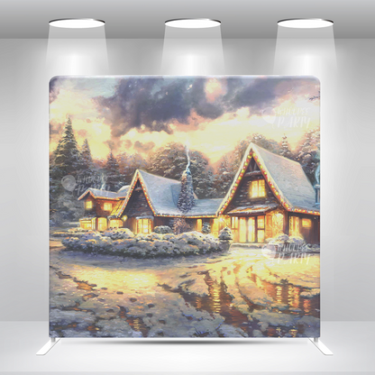 Copos de nieve navideños revoloteando e iluminación cálida, decoración, funda de almohada, fondo de fotomatón, cubierta de pared con soporte