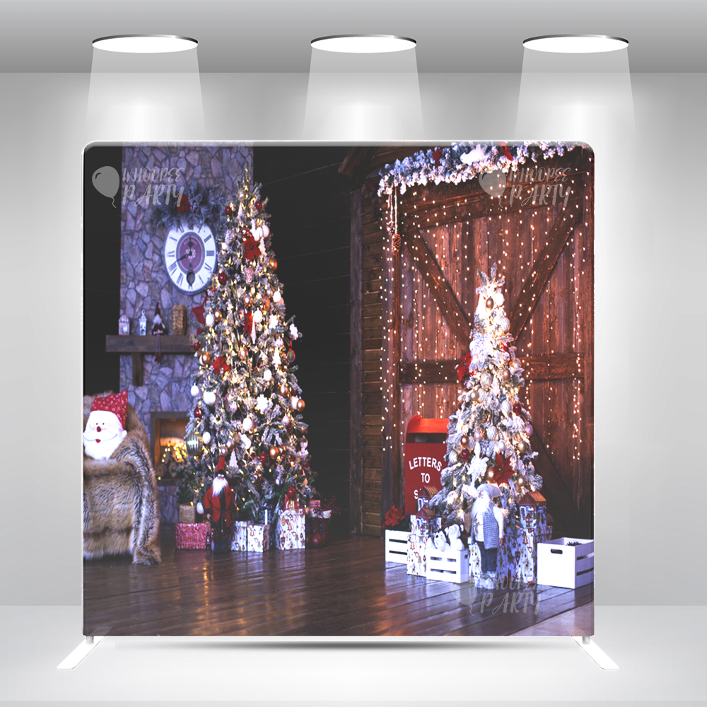 Christmas Night Backdrop – Cozy Holiday Living Room with Christmas tree Pillow Case Photo Booth Backdrop Wall Cover With Stand