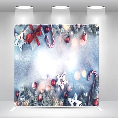 Luxury Christmas Backdrop – Frosted Blue Holiday Scene with Gifts & Ornaments Pillow Case Photo Booth Backdrop Wall Cover With Stand