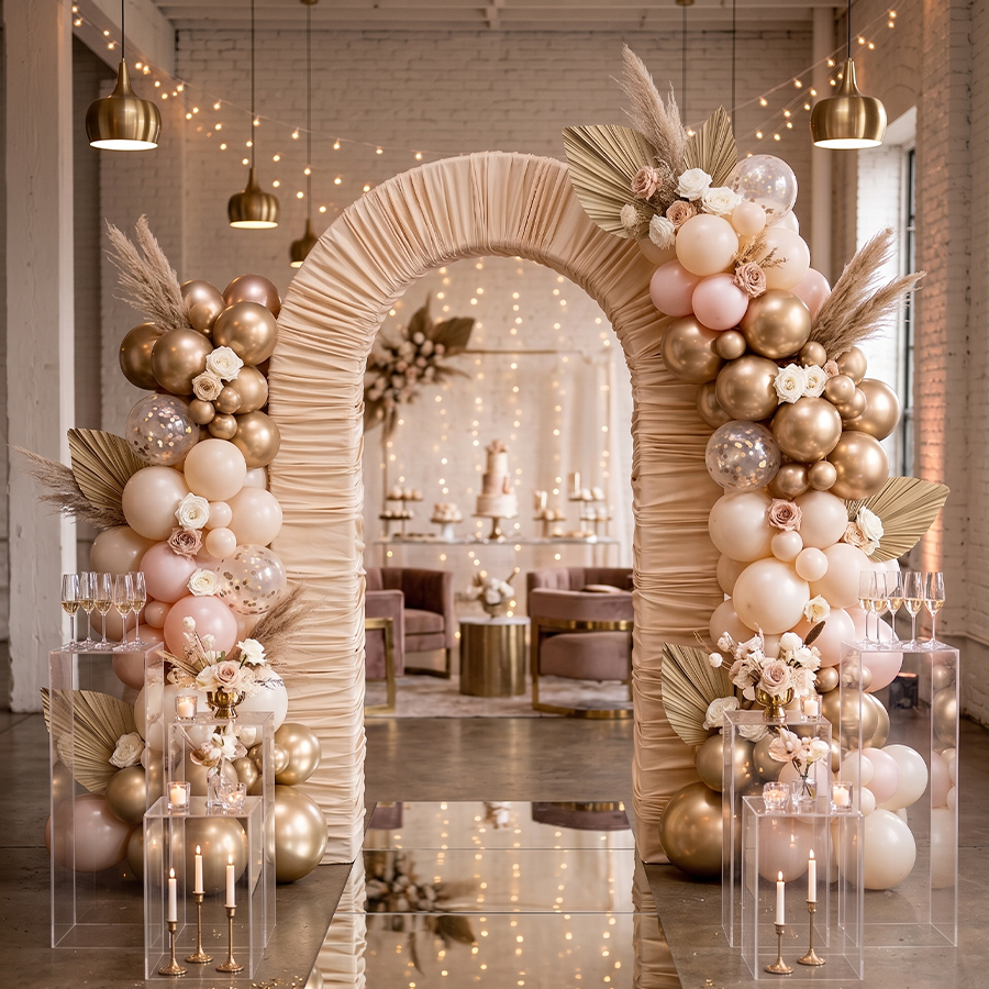 4.3x7ft 3D Arch Backdrop Stand With Ruched Fabric Cover For Birthday Baby Shower Party Backdrop