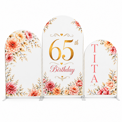 Three-piece arch backdrop covers with elegant floral design and 65th birthday text