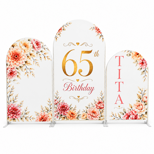 Three-piece arch backdrop covers with elegant floral design and 65th birthday text
