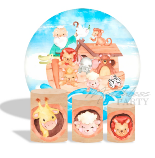 Cute Sea Ship Animal Background Baby Shower Decoration Round Circle Backdrop Cover Plinth Cylinder Pedestal Cover