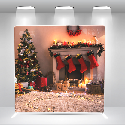 Christmas Night Backdrop – Cozy Holiday Living Room with Tree & Fireplace Pillow Case Photo Booth Backdrop Wall Cover With Stand
