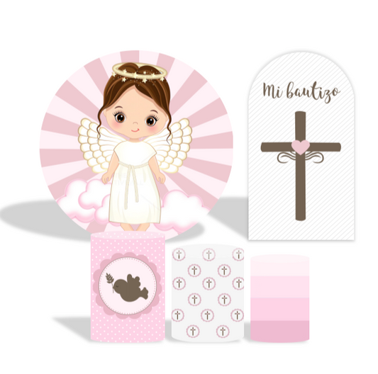 God Bless Cross Pink Girls Baptism party decoration round circle backdrop cover plinth cylinder pedestal cover