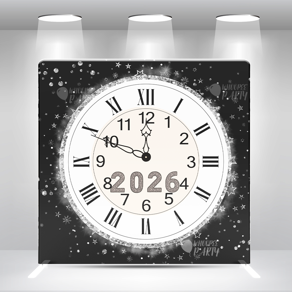 Funda de almohada de Feliz Año Nuevo con patrón de reloj, fondo de pared con soporte