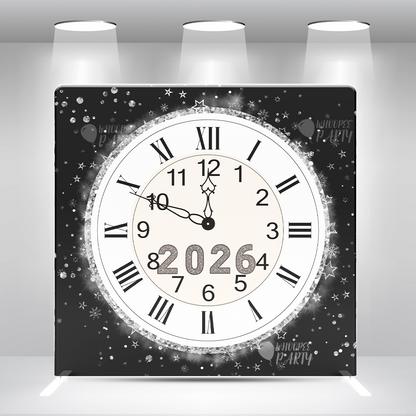 Funda de almohada de Feliz Año Nuevo con patrón de reloj, fondo de pared con soporte