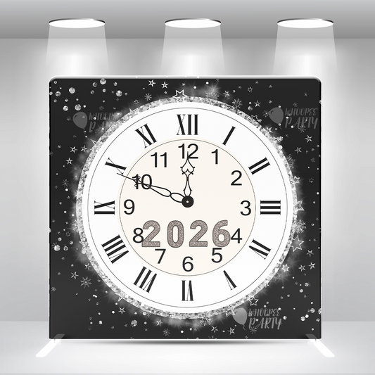 Funda de almohada de Feliz Año Nuevo con patrón de reloj, fondo de pared con soporte