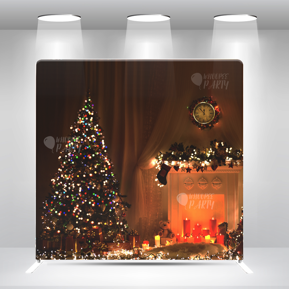 Christmas Night Backdrop – Cozy Holiday Living Room with Tree & Fireplace Pillow Case Photo Booth Backdrop Wall Cover With Stand