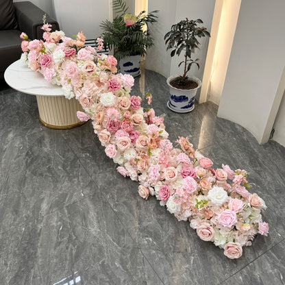 Elegant Pink Artificial Flower Runner – Silk Roses, Cherry Blossoms, Dahlias, Hydrangeas & Hydrangeas for Wedding Table Décor
