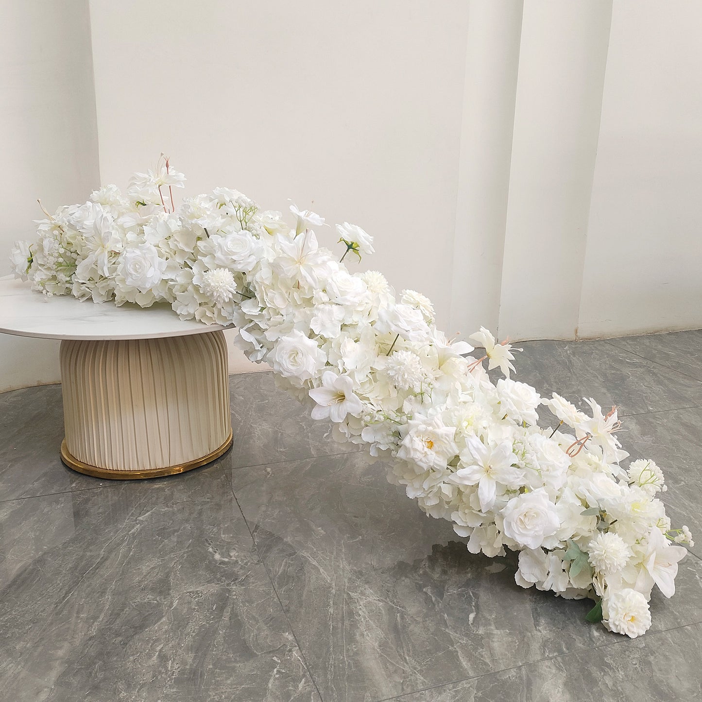 Elegant White Artificial Flower Runner – Silk Roses, Lilies & Hydrangeas for Wedding Table Décor