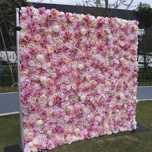 Pink Rolling Up Cloth Curtain Silk Flower Wall For Birthday Wedding Backdrop Decoration Outdoor Event Party Decor Props