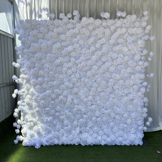 Handmade Artificial Cloth Curtain Silk White Flower Rose Wall For Birthday Wedding Backdrop Decoration Outdoor Event Party Decor Props