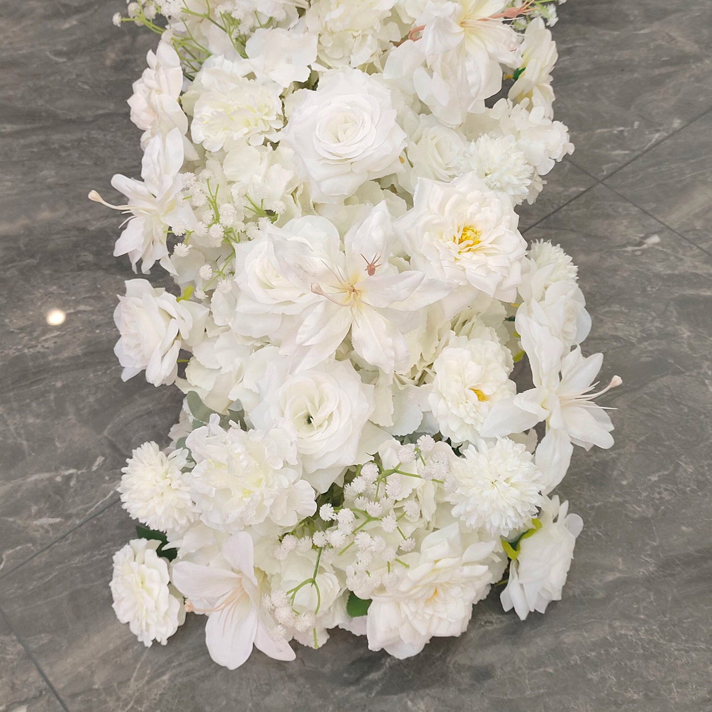 Elegant White Artificial Flower Runner – Silk Roses, Lilies & Hydrangeas for Wedding Table Décor
