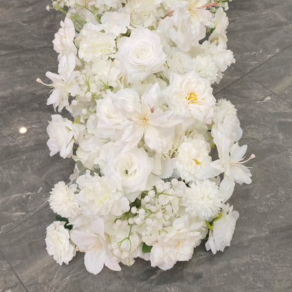 Elegant White Artificial Flower Runner – Silk Roses, Lilies & Hydrangeas for Wedding Table Décor