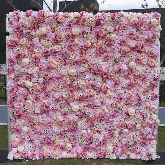 Pink Rolling Up Cloth Curtain Silk Flower Wall For Birthday Wedding Backdrop Decoration Outdoor Event Party Decor Props