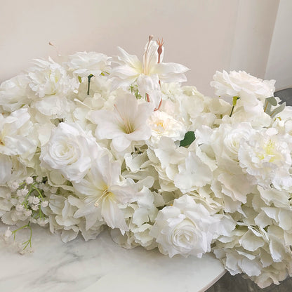 Elegant White Artificial Flower Runner – Silk Roses, Lilies & Hydrangeas for Wedding Table Décor