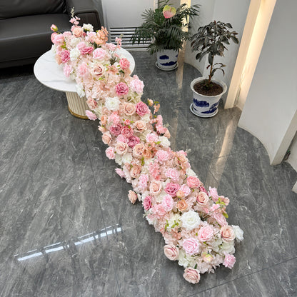 Elegant Pink Artificial Flower Runner – Silk Roses, Cherry Blossoms, Dahlias, Hydrangeas & Hydrangeas for Wedding Table Décor