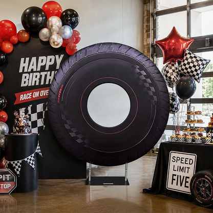 6.5ft Hollow Round Backdrop Frame with Custom Cover, Versatile Double Ring Event Stand for Donut, Race Car Tire & Nautical Party Themes