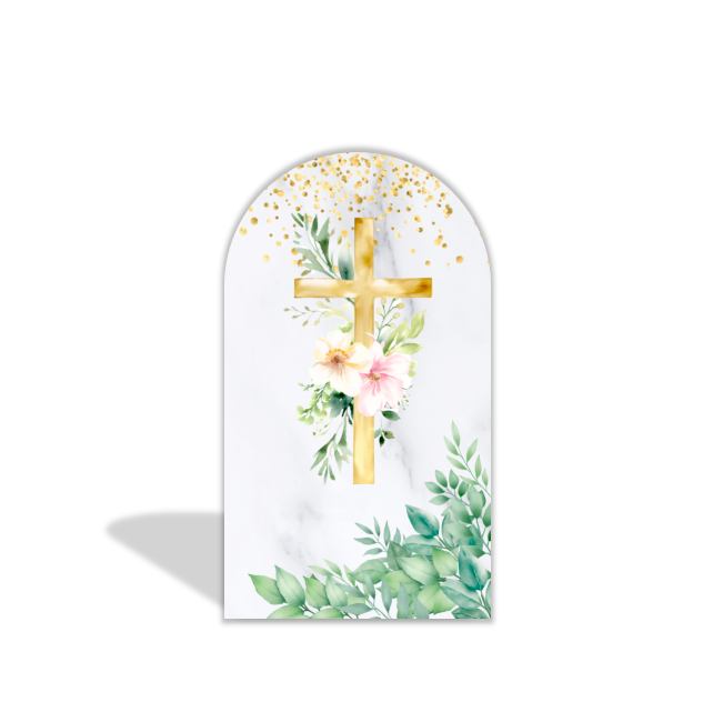 Tema de bautismo con cruz, Santo Grial, fondo de fiesta.