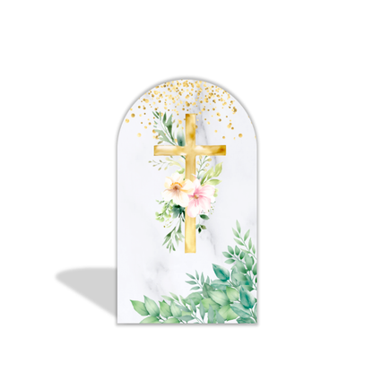 Tema de bautismo con cruz, Santo Grial, fondo de fiesta.