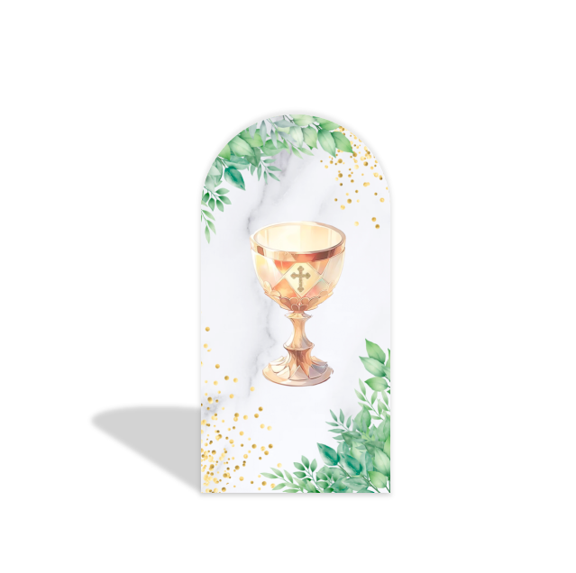 Tema de bautismo con cruz, Santo Grial, fondo de fiesta.