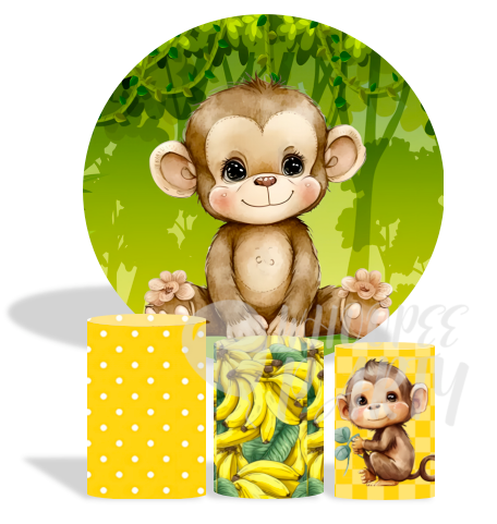 Animal Monkey And Banana Decoration Round Circle Backdrop Cover Plinth Cylinder Pedestal Cover