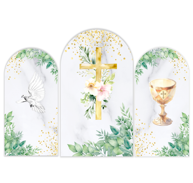 Tema de bautismo con cruz, Santo Grial, fondo de fiesta.