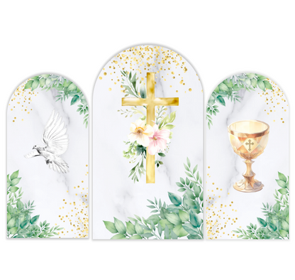 Tema de bautismo con cruz, Santo Grial, fondo de fiesta.