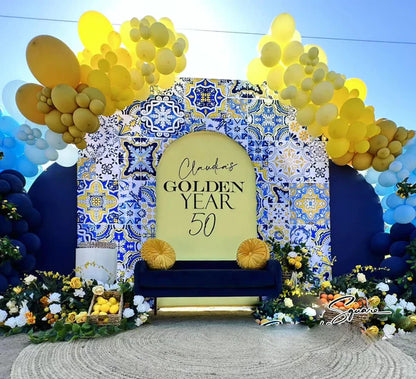 Amalfi Coast Mediterranean Patchwork Tile Open Door Welcome Arch Backdrop Wall Stand For Birthday Wedding Party Decoration