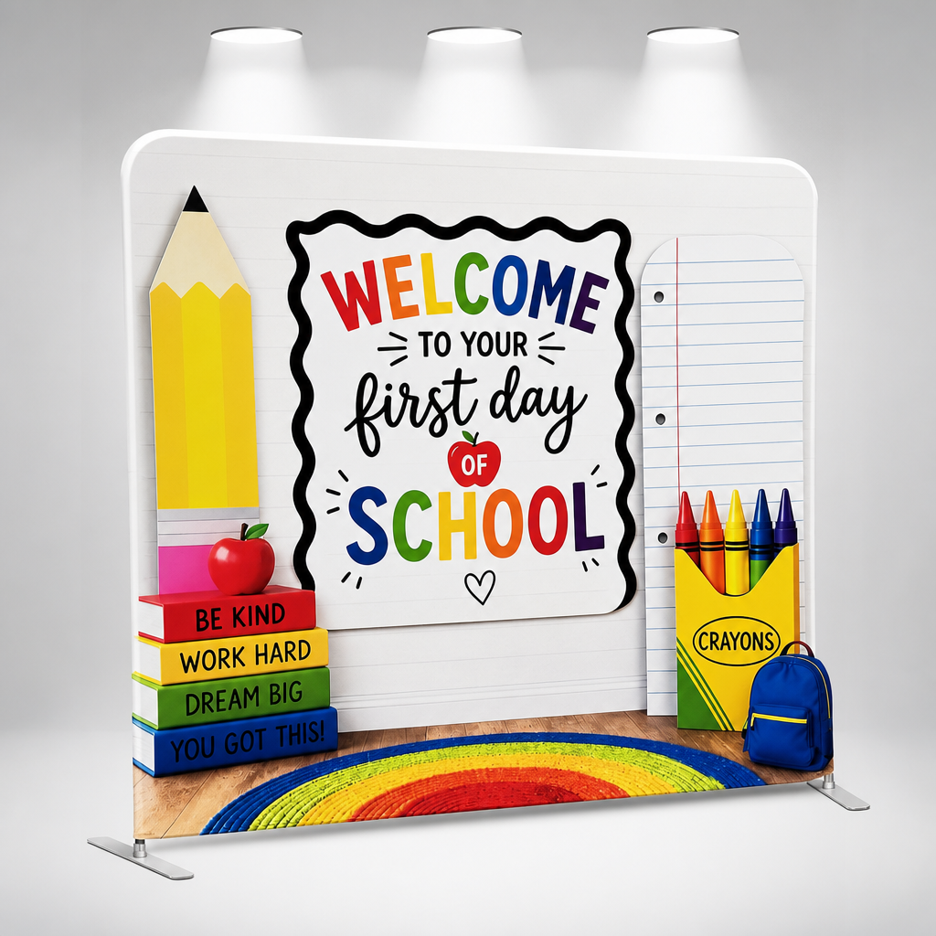 Brightly colored school event backdrop assembled with aluminum stand