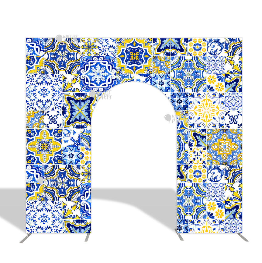 Amalfi Coast Mediterranean Patchwork Tile Open Door Welcome Arch Backdrop Wall Stand For Birthday Wedding Party Decoration