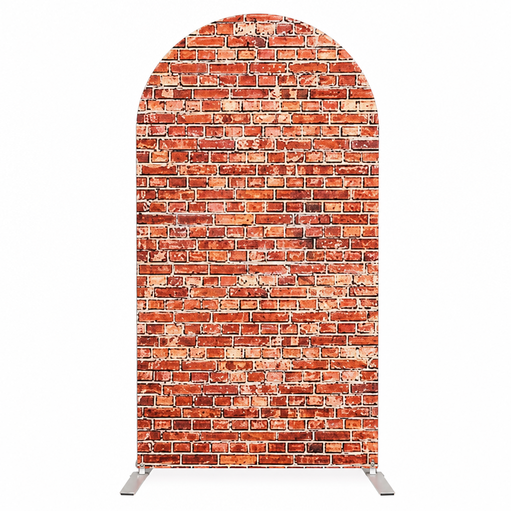 Brick Wall, Green Artificial Grass, and Rustic Wooden Doors Arch Backdrop Covers for Event Decoration