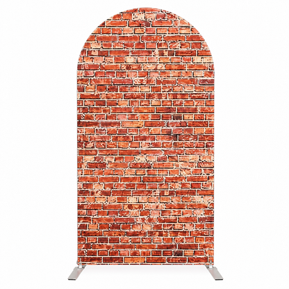 Brick Wall, Green Artificial Grass, and Rustic Wooden Doors Arch Backdrop Covers for Event Decoration