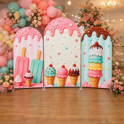 Decorated party scene with ice cream themed arch backdrop
