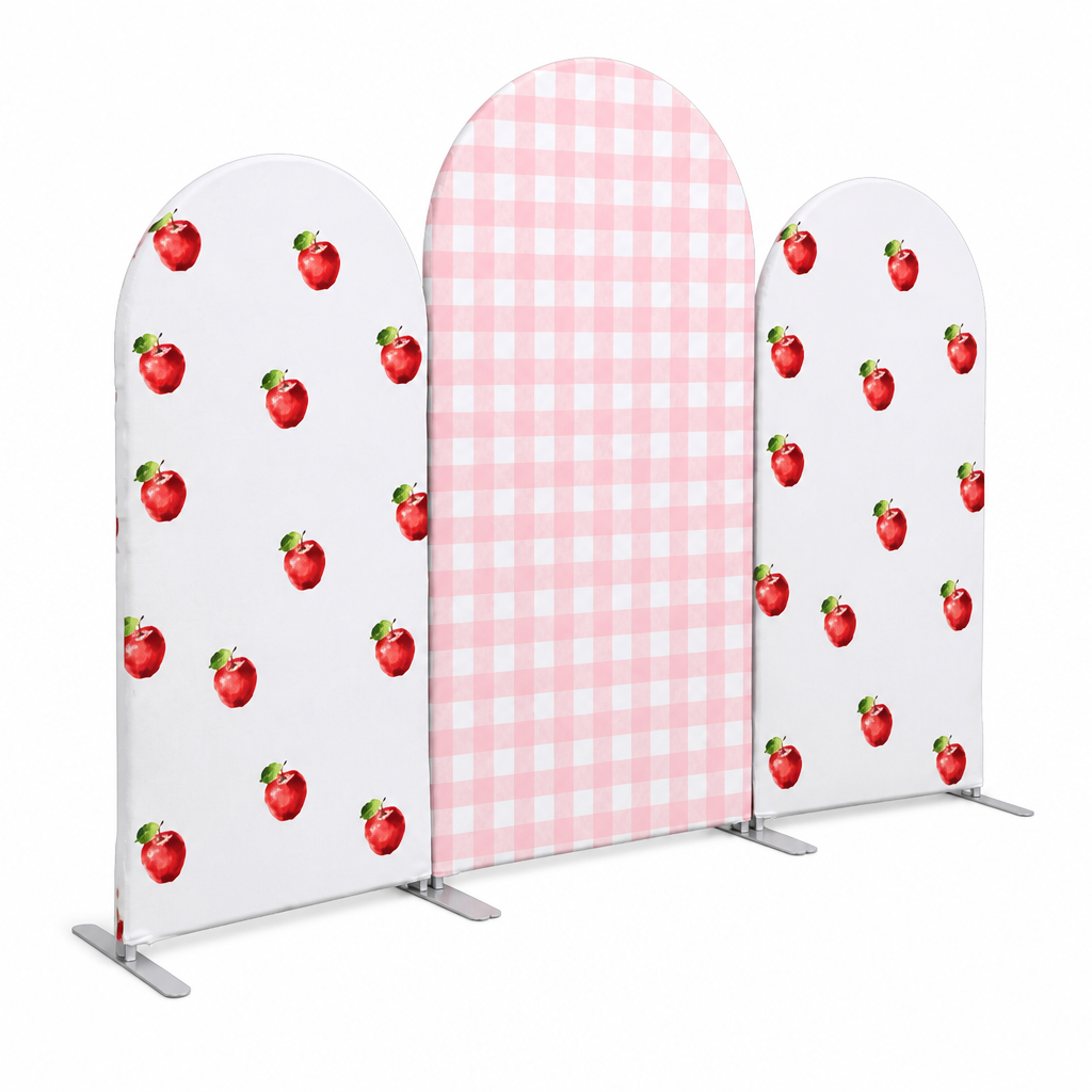 Side angle pink apple themed arch backdrop cover