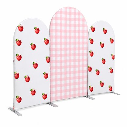 Side angle pink apple themed arch backdrop cover