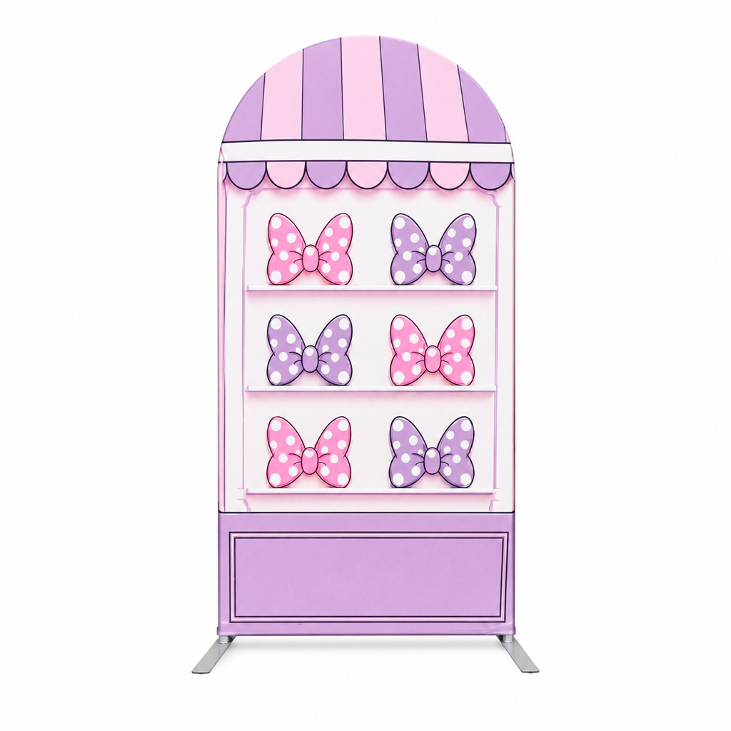 Close-up of purple bow section on arch backdrop