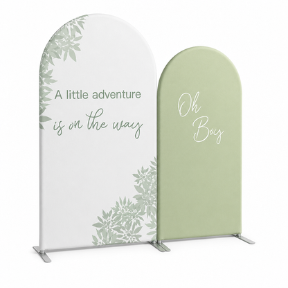 Two green botanical arch backdrop fabric covers side by side