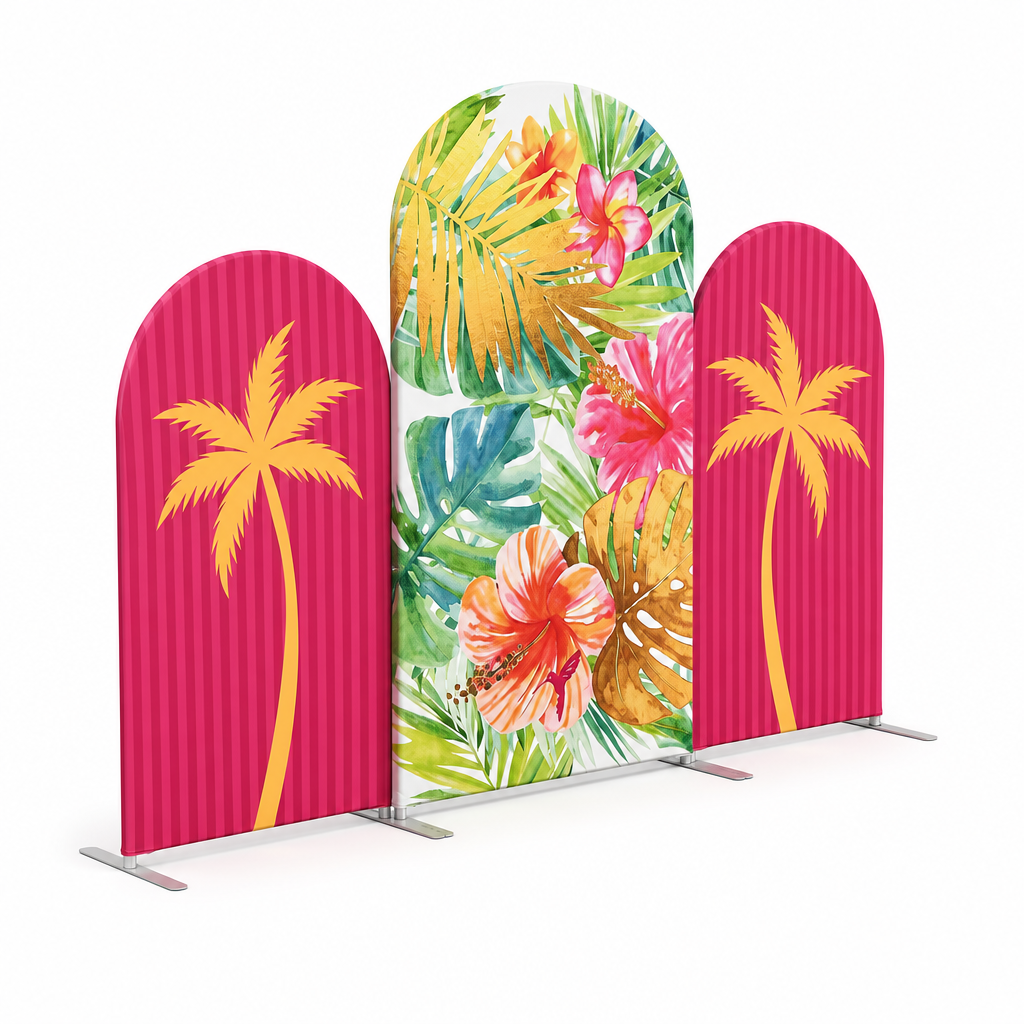 Side angle of tropical floral arch backdrop cover