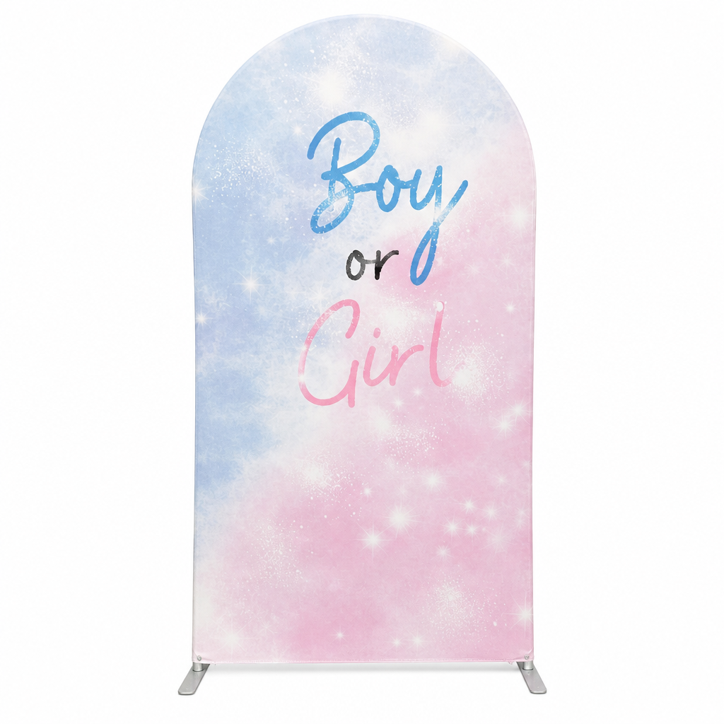 Pink side of gender reveal arch backdrop featuring teddy bear with balloons