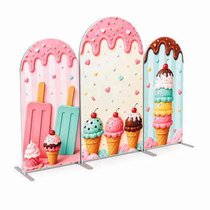 Three panel ice cream themed arch backdrop with pastel colors