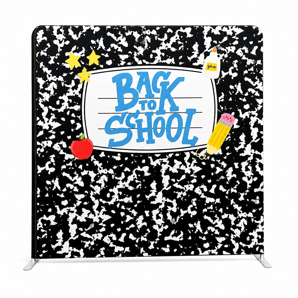 Black and white notebook pattern backdrop with blue 'Back to School' text and school-related icons