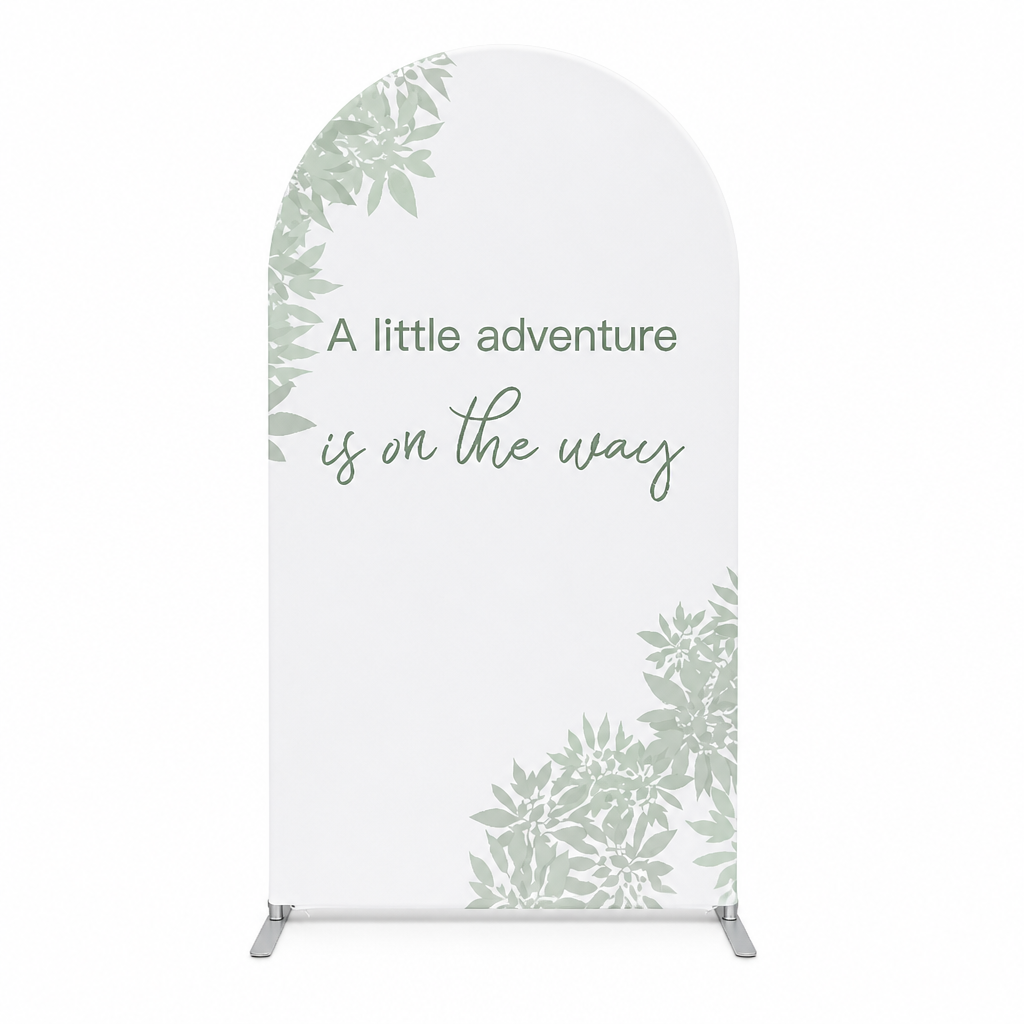 White and green botanical arch backdrop fabric covers with foliage design