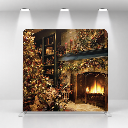 Studio view of Christmas fireplace backdrop with aluminum stand against white background